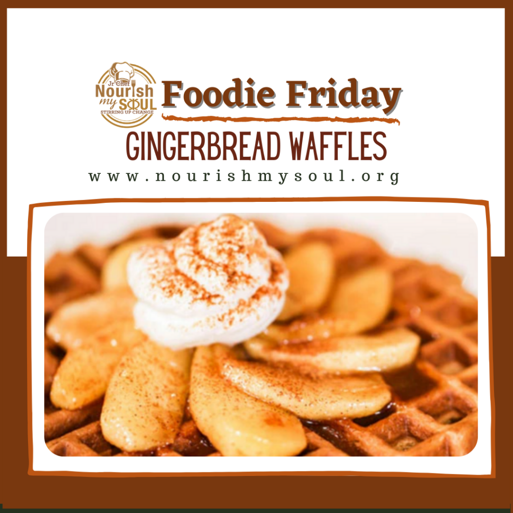 Gingerbread Waffles topped with spiced pears and maple whipped cream