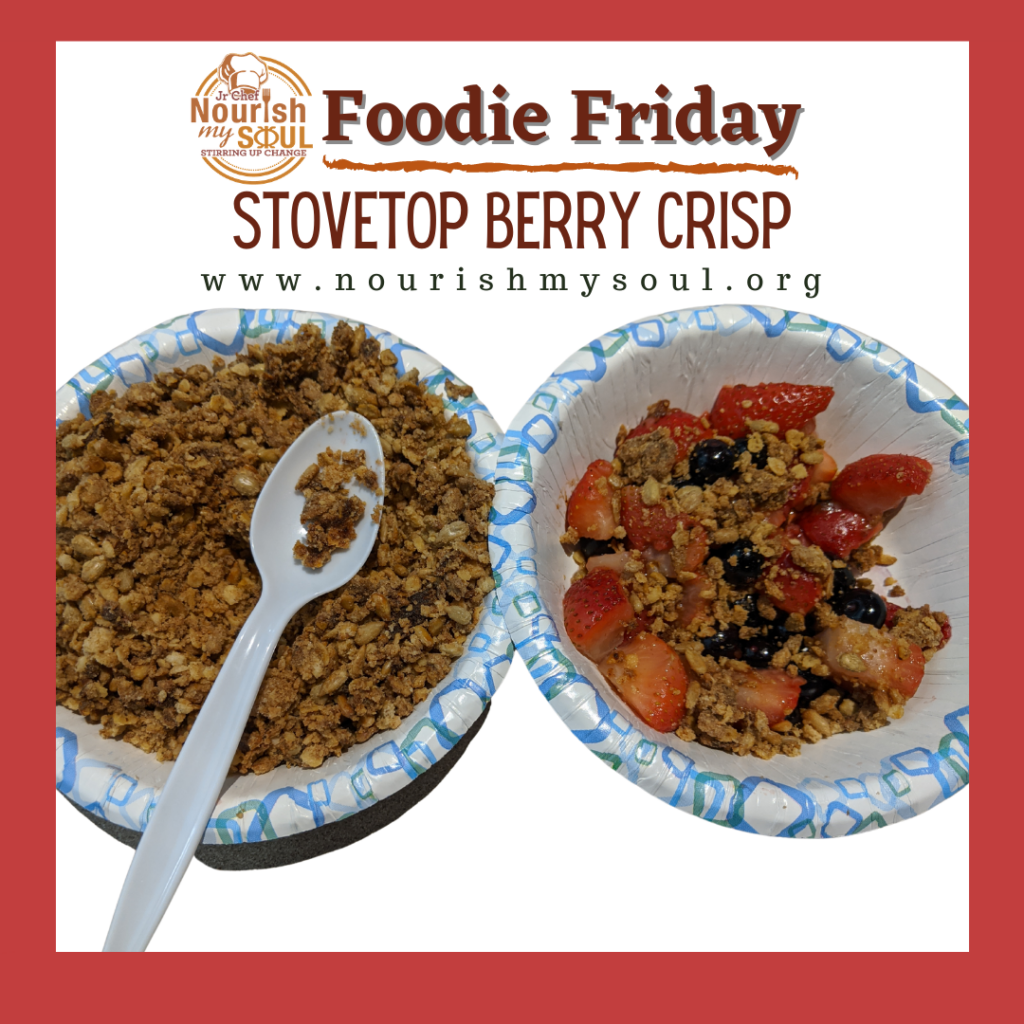 Foodie Friday with 1 bowl of streusel topping and another with berry crisp